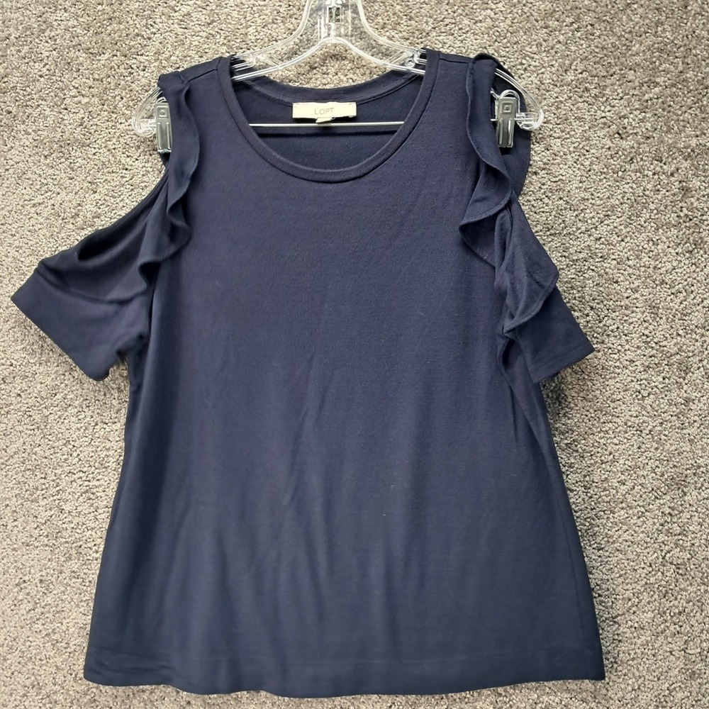 LOFT Womens Navy‎ Blue Ruffle Cold Shoulder Knit Top Large